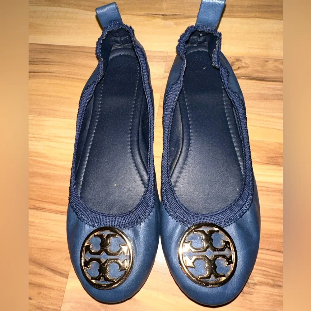 Tory Burch Navy Flats with Gold Emblem